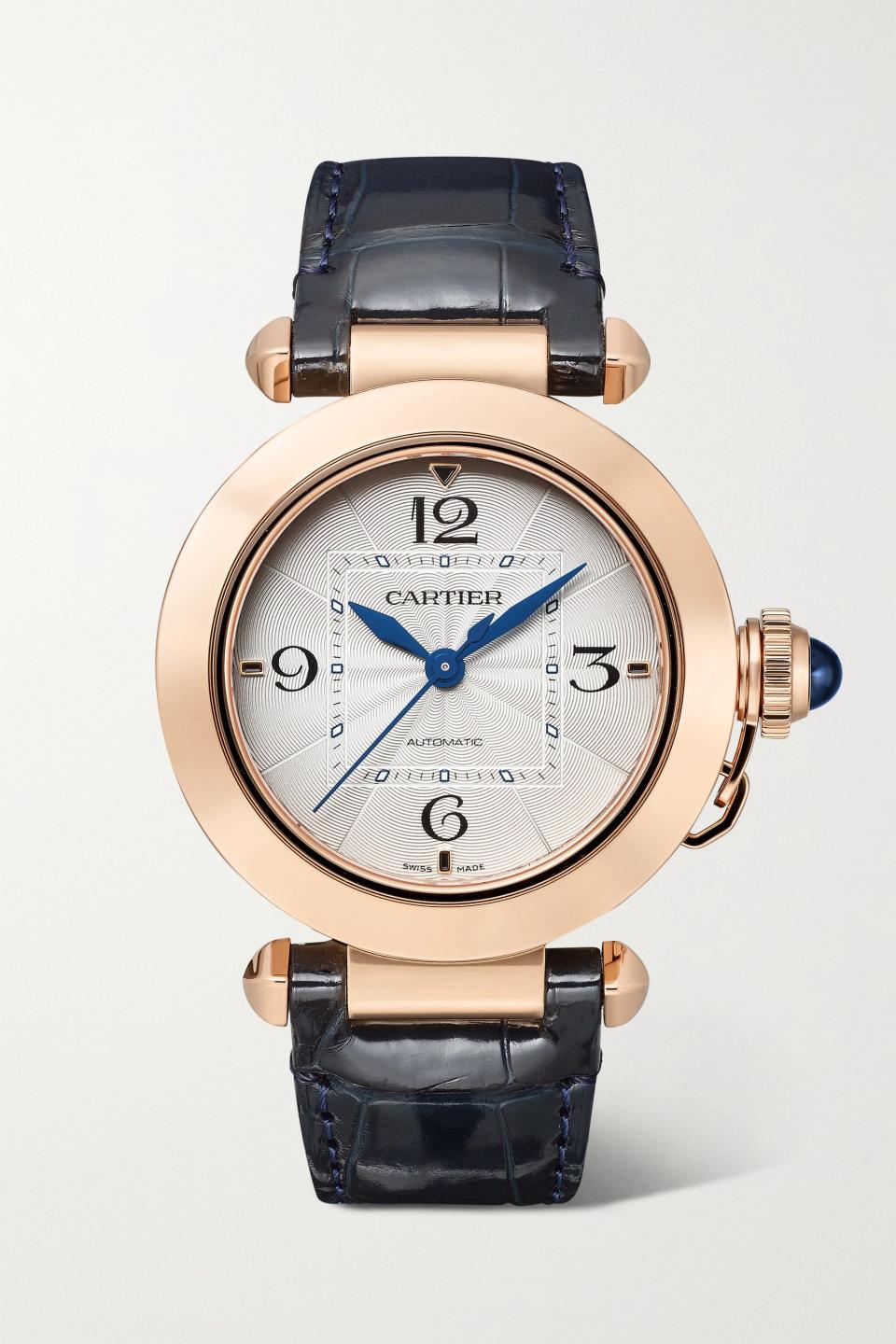 19) Pasha de Cartier Automatic 35mm 18-Karat Rose Gold and Alligator Watch