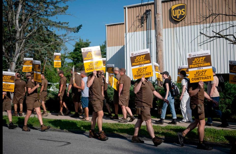 Local UPS workers from the 764 Teamsters union practiced picketing outside the State College UPS Customer Center on Thursday, July 13, 2023.