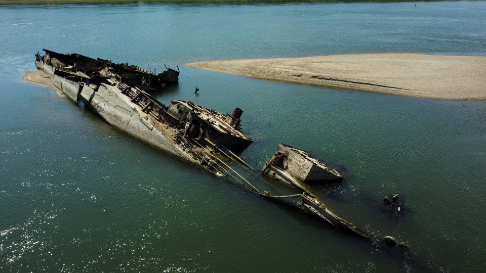 A wrecked World War II German warship in the Danube.