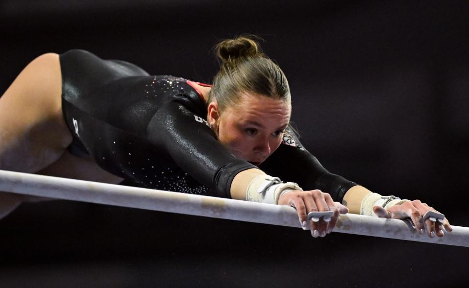 Utah’s Maile O’Keefe performs on the bars as BYU, Utah, SUU and Utah State meet in the Rio Tinto Best of Utah Gymnastics competition at the Maverick Center in West Valley City on Monday, Jan. 15, 2024. | Scott G Winterton, Deseret News
