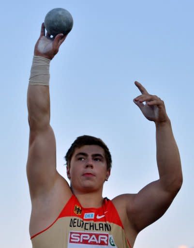 This file photo shows Germany's David Storl competing in the shot put final at the 2012 European Athletics Championships in Helsinki, on June 29. Friday's shot put final at the 2012 London Olympics sees 22-year-old world and European champion Storl taking on a strong US trio of throwers