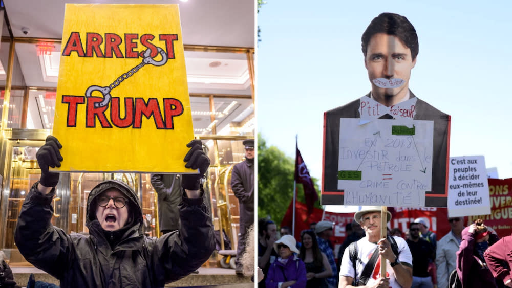 A composite image shows protestors against U.S. President Donald Trump and Canadian Prime Minister Justin Trudeau. (Photos from Getty Images)