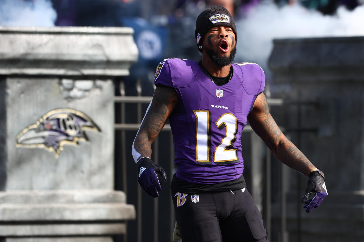 Rashod Bateman #12 of the Baltimore Ravens has fantasy potential