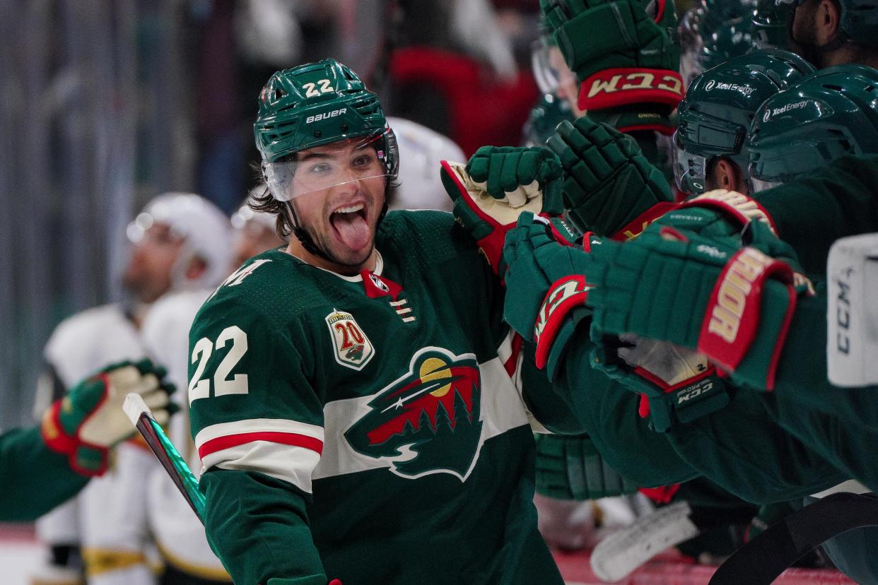 Minnesota Wild forward Kevin Fiala celebrates his playoff goal against the Vegas Golden Knights.