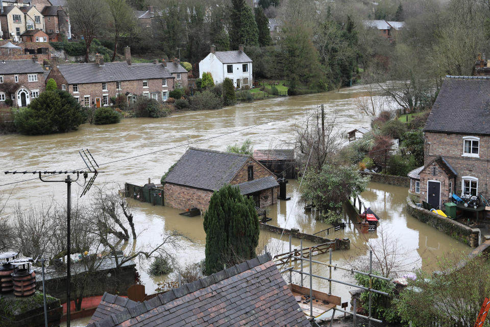 Houses in Ironbridge surrounded by flood waters as River Severn levels started to rise following  heavy rain. 14/01/2023