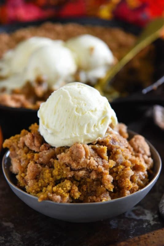 <p>The Novice Chef</p><p>This pumpkin pie crisp is an easy fall dessert made with a creamy pumpkin pie filling and a crunchy golden cinnamon streusel and then served warm with ice cream! </p><p><strong>Get the recipe: <em><a href="https://thenovicechefblog.com/pumpkin-pie-crisp/" rel="nofollow noopener" target="_blank" data-ylk="slk:Pumpkin Pie Crisp;elm:context_link;itc:0;sec:content-canvas" class="link ">Pumpkin Pie Crisp</a></em></strong></p>