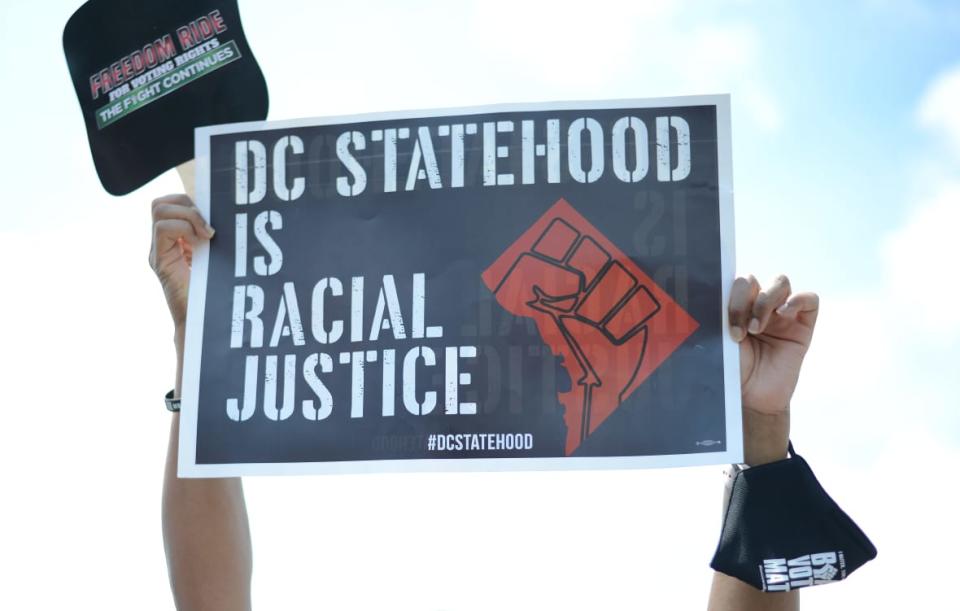 Black Voters Matter (BVM) and more than 50 civil rights, voter rights, and racial justice organizations hold the first-ever national rally in Washington, D.C., June 26, 2021, in support of D.C. statehood. (Photo by Astrid Riecken for The Washington Post via Getty Images)