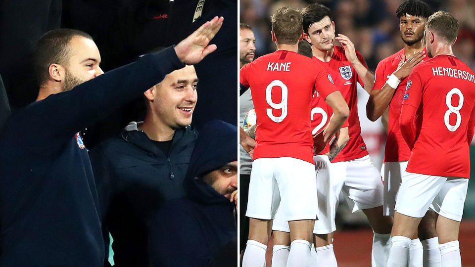 Bulgarian fans appeared to perform the Nazi salute (pictured left) during the match between Bulgaria and England.