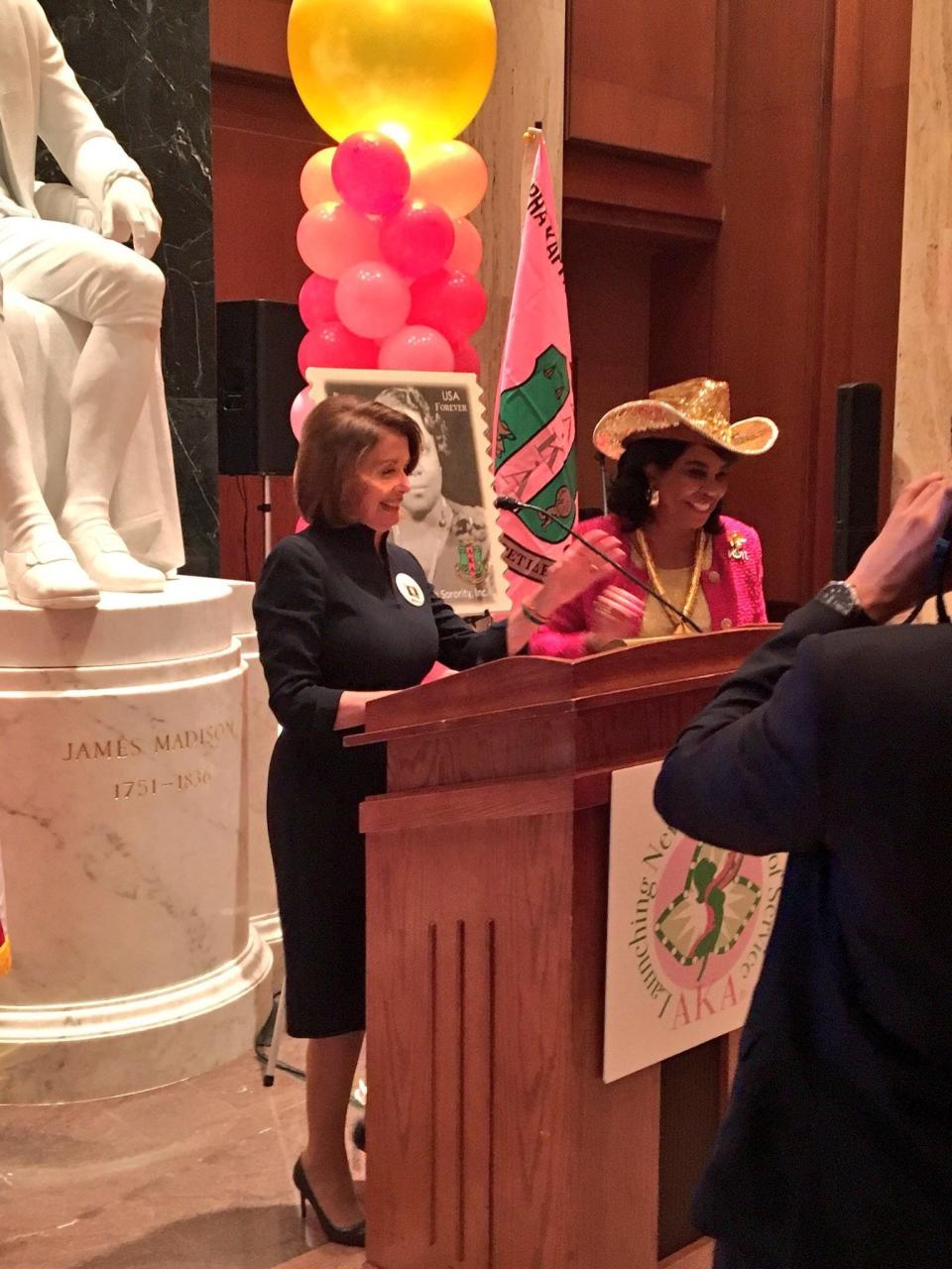 Then-House Minority Leader Nancy Pelosi and Rep. Frederica Wilson, D-Fla., at the Library of Congress on Feb. 15, 2018, in Washington, D.C.