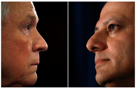 FILE PHOTO: A combination of file photos shows then-U.S. Sen. Jeff Sessions testifying at a Senate Judiciary Committee confirmation hearing in Washington, DC January 10, 2017 and United States Attorney Preet Bharara (R) speaking during a news conference in New York, July 25, 2013. REUTERS/Kevin Lamarque/Mike Segar/File Photo