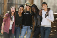 <p>Co-Executive Producer Denise Huth shows her series pride with a #TWDfamily T-shirt while surrounded by cast Katelyn Nacon, Sonequa Martin-Green, Danai Gurira, and Lauren Cohan.<br><br>(Photo: AMC) </p>