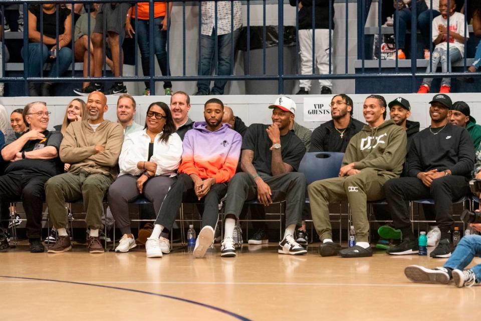 NBA star Devin Booker’s teammates on the Phoenix Suns during a ceremony for the retirement of Booker’s high school jersey at Moss Point High School in Moss Point on Saturday, Dec. 10, 2022.