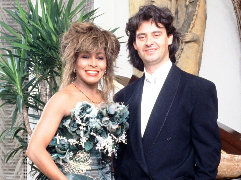 Tina Turner poses with Erwin Bach to celebrate her 50th birthday in November 1989, London