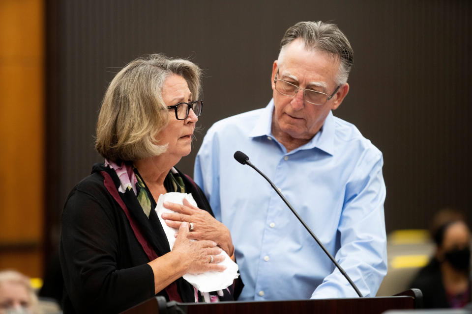 Gay Hardwick is comforted by her spouse Robert Hardwick as they confront their attacker Joseph James DeAngelo, known as the Golden State Killer, on the second day of victim impact statements. (Photo: POOL New / reuters)