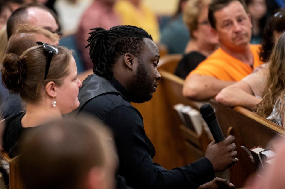 Jerrell Grandison-Douglas speaks about his friendship with Chad Merrill during Merrill's funeral, Friday, July 27, 2018. Almost 200 people gathered in Valley View Alliance Church, in Hellam Township, to remember and celebrate the life of Merrill, who was shot dead on July 21, 2018 outside the Red Rose Restaurant and Lounge.