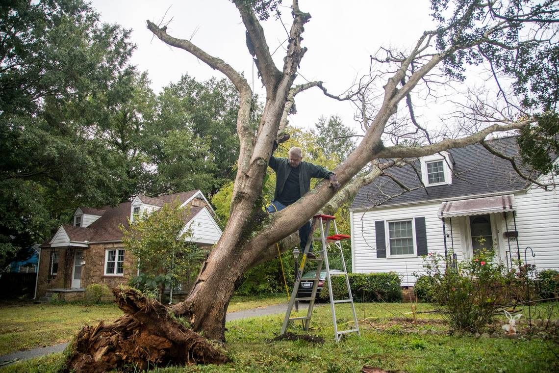 Jerry Rolow cuts limbs from an uprooted tree in his front yard on North King Charles Road in Raleigh Saturday morning, Oct. 1, 2022 after the remnants of Hurricane Ian left thousands without power in Triangle.