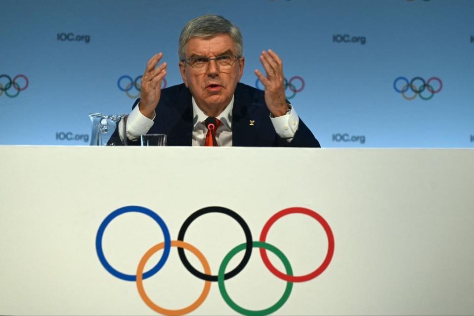 International Olympic Committee (IOC) President Thomas Bach speaks during a press conference ahead of the 141st IOC session in Mumbai on Oct. 13, 2023. (Indranil Mukherjee/AFP via Getty Images)