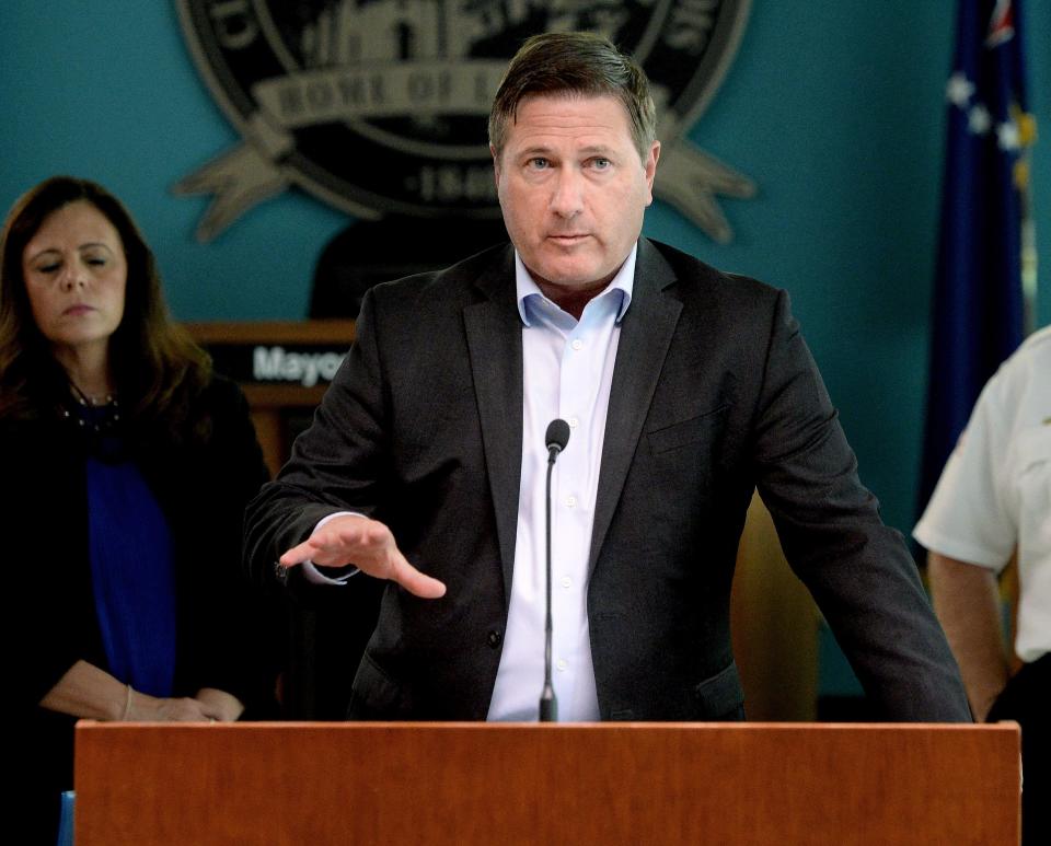 Chief Utility Engineer for City Water, Light & Power Doug Brown speaks during a press conference on storm recovery at the Munipal Building Monday, July 3, 2023.