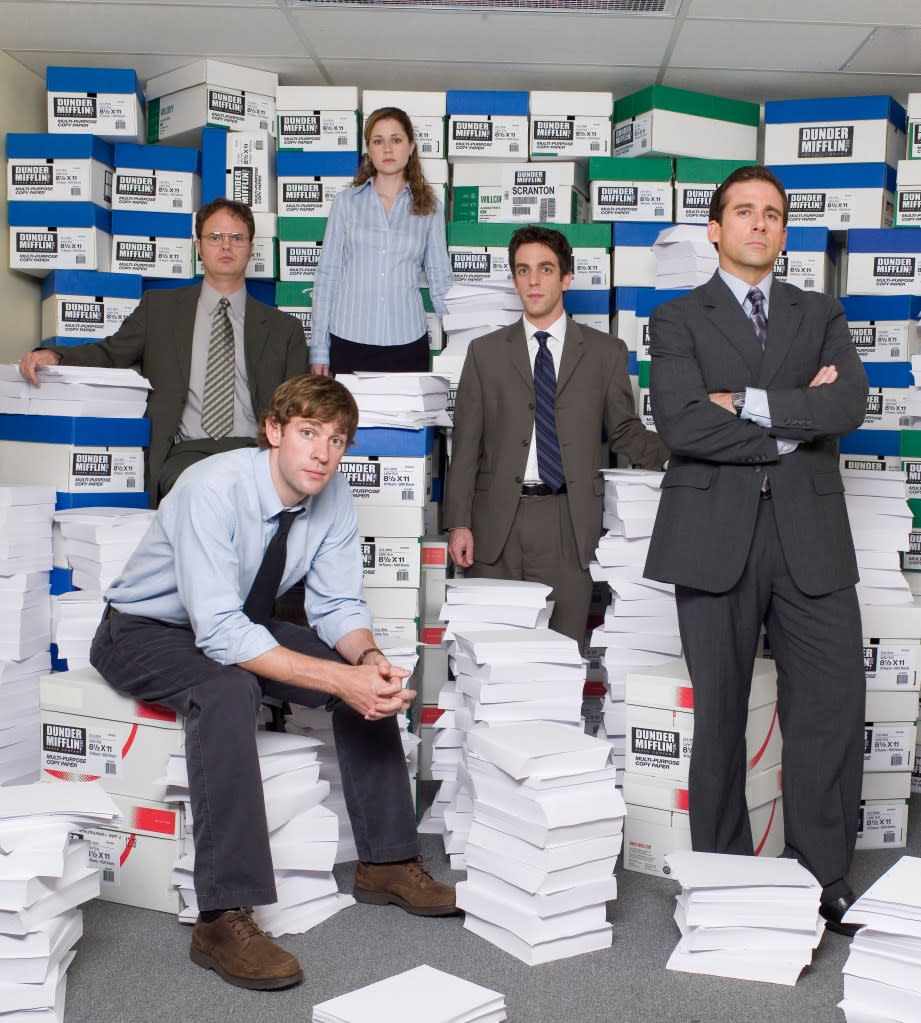 John Krasinski as Jim Halpert, Rainn Wilson as Dwight Schrute, Jenna Fischer as Pam Beesly, B.J. Novak as Ryan Howard, Steve Carell as Michael Scott. © NBC Universal, Inc.