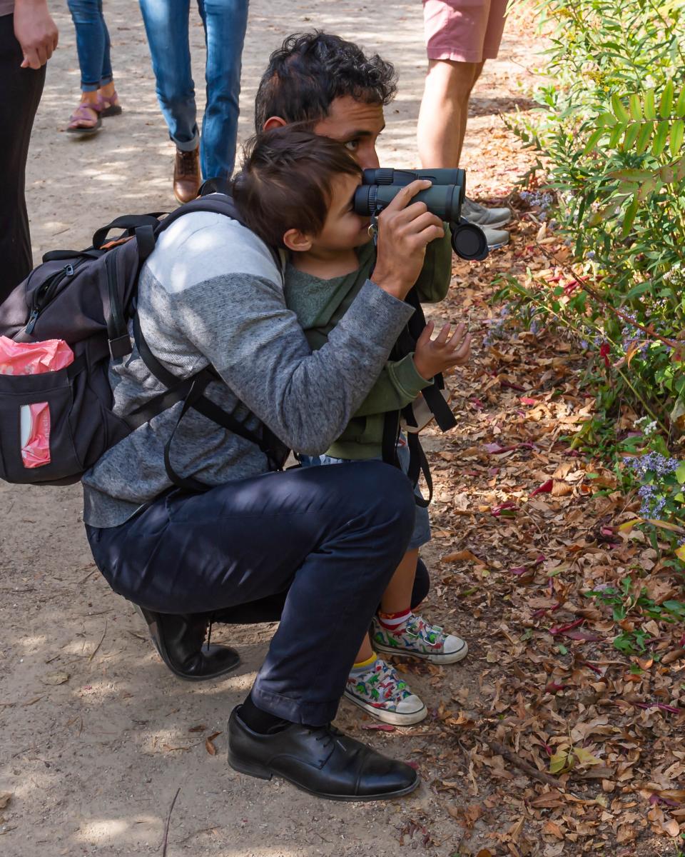 A young birder aims his binoculars at a bird during a BIPOC Birding Club of Wisconsin event at Madison's Picnic Point.