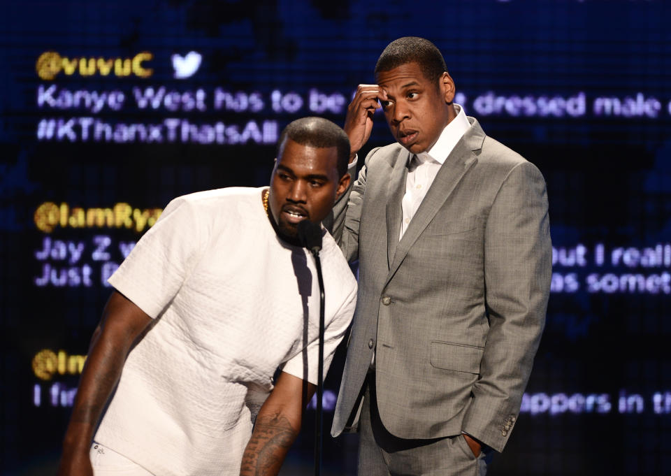 Kanye West and Jay-Z onstage during the 2012 BET Awards in Los Angeles. (Photo: Getty)