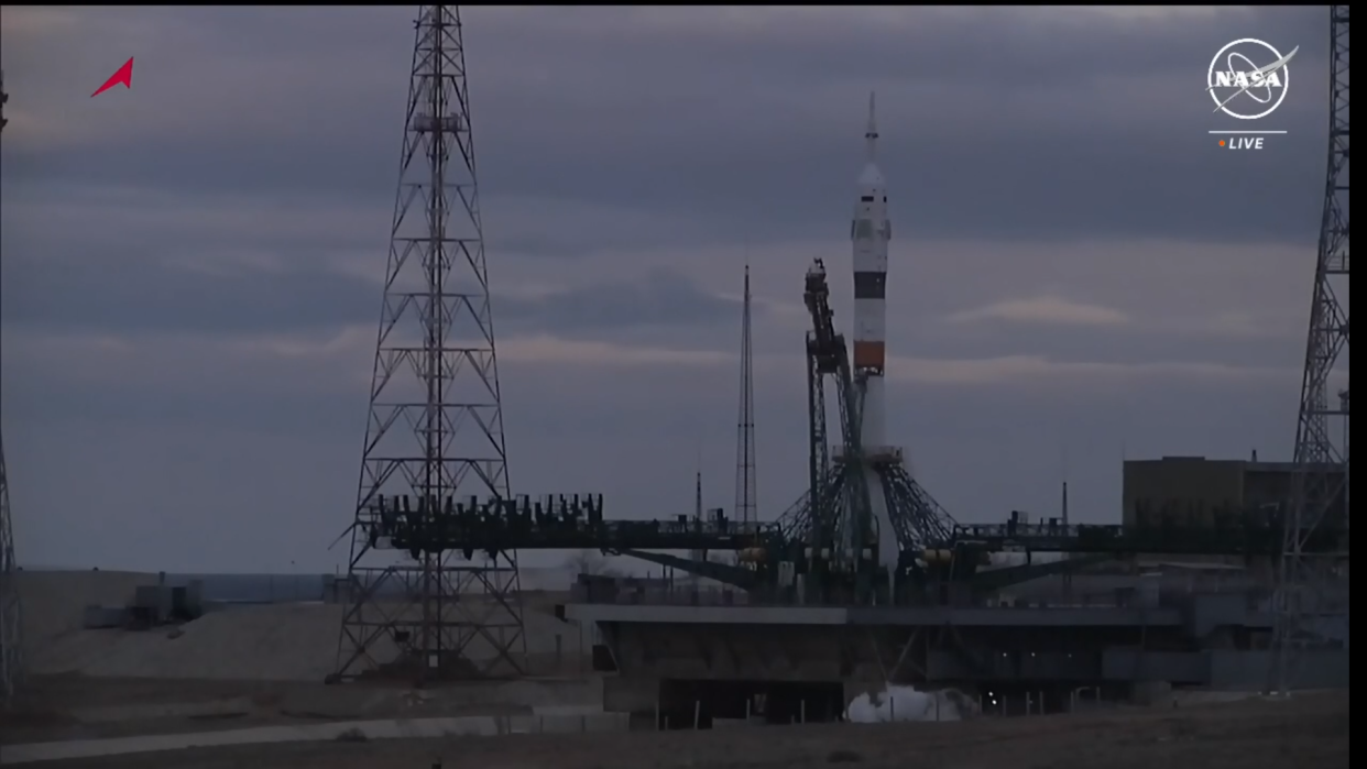  A Russian Soyuz rocket carrying three Soyuz MS-25 astronauts is seen on the launch pad on March 21, 2024. 