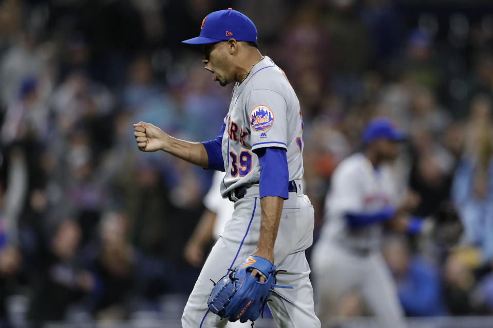New York Mets relief pitcher Edwin Diaz celebrates after defeating the Mets defeated the San Diego Padres 7-6 in a baseball game Tuesday, May 7, 2019, in San Diego. (AP Photo/Gregory Bull)