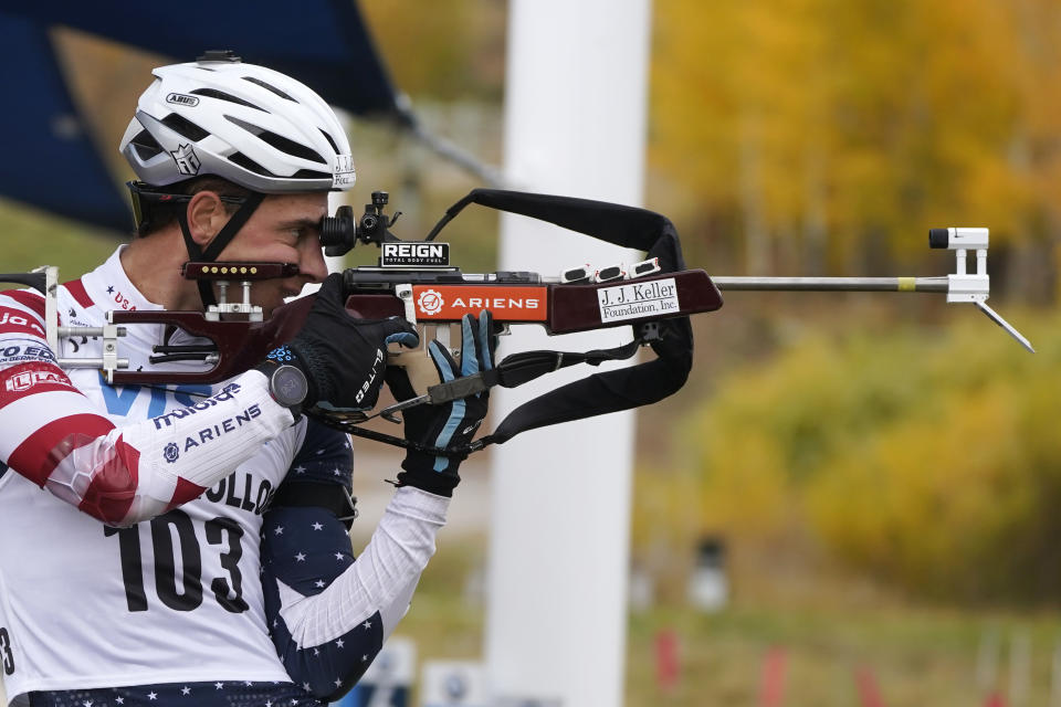 Biathlete Paul Schommer shoots during Biathlon World Cup Team Trials at Soldier Hollow on Oct. 24, 2021, in Midway, Utah. A biathlete skis several kilometers and arrives at the shooting range with a heart rate as high as 180 beats per minute. Next they shoot at five targets within 25 to 35 seconds. (AP Photo/Rick Bowmer)