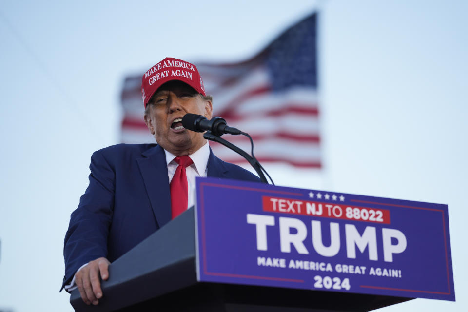 FILE - Republican presidential candidate, former President Donald Trump speaks at a campaign rally in Wildwood, N.J., May 11, 2024. The American Civil Liberties Union is making plans to fight the immigrant raids and mass deportations that former President Donald Trump has promised if he were to win a second term. (AP Photo/Matt Rourke, File)