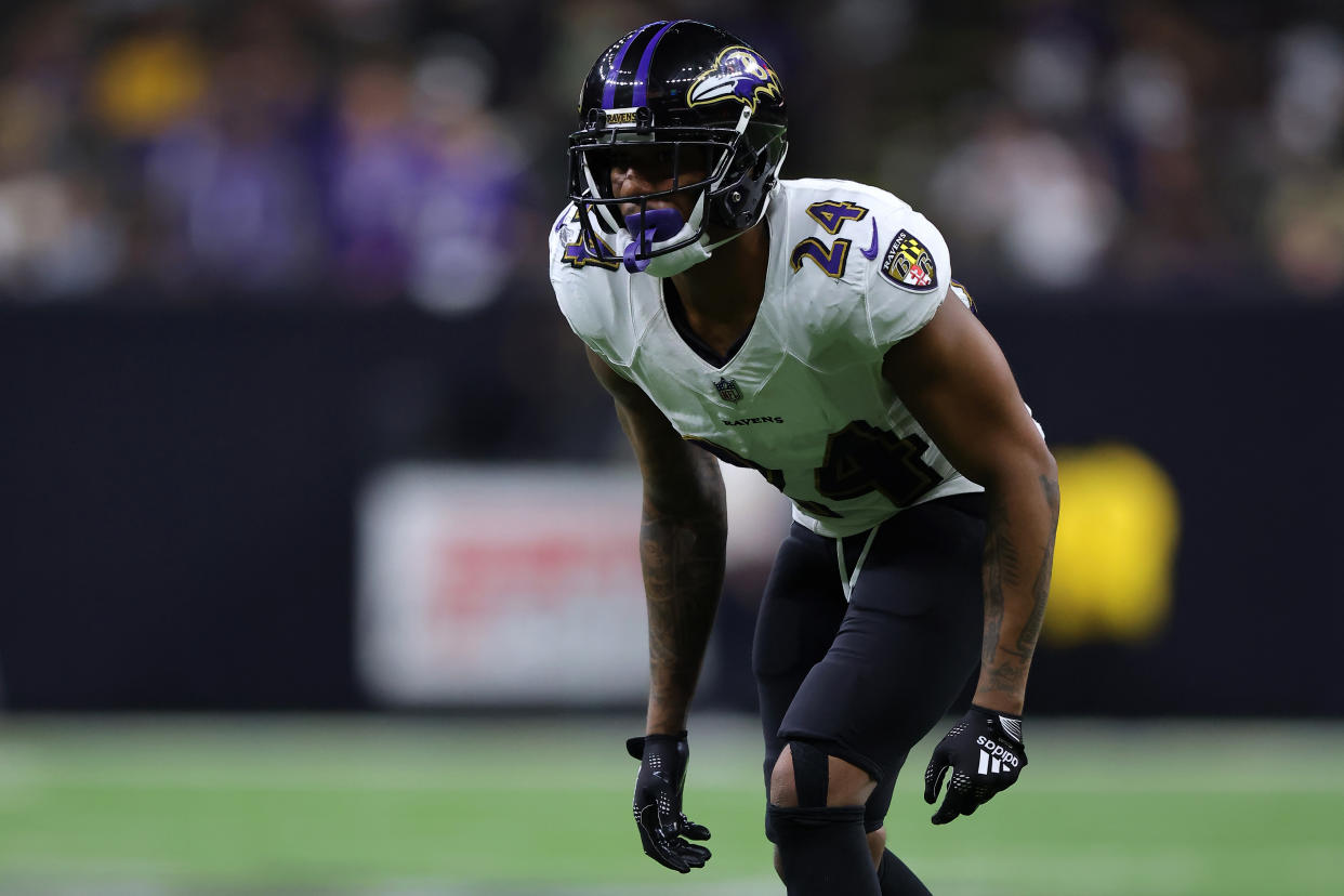 Marcus Peters #24 of the Baltimore Ravens helps give their defense fantasy value