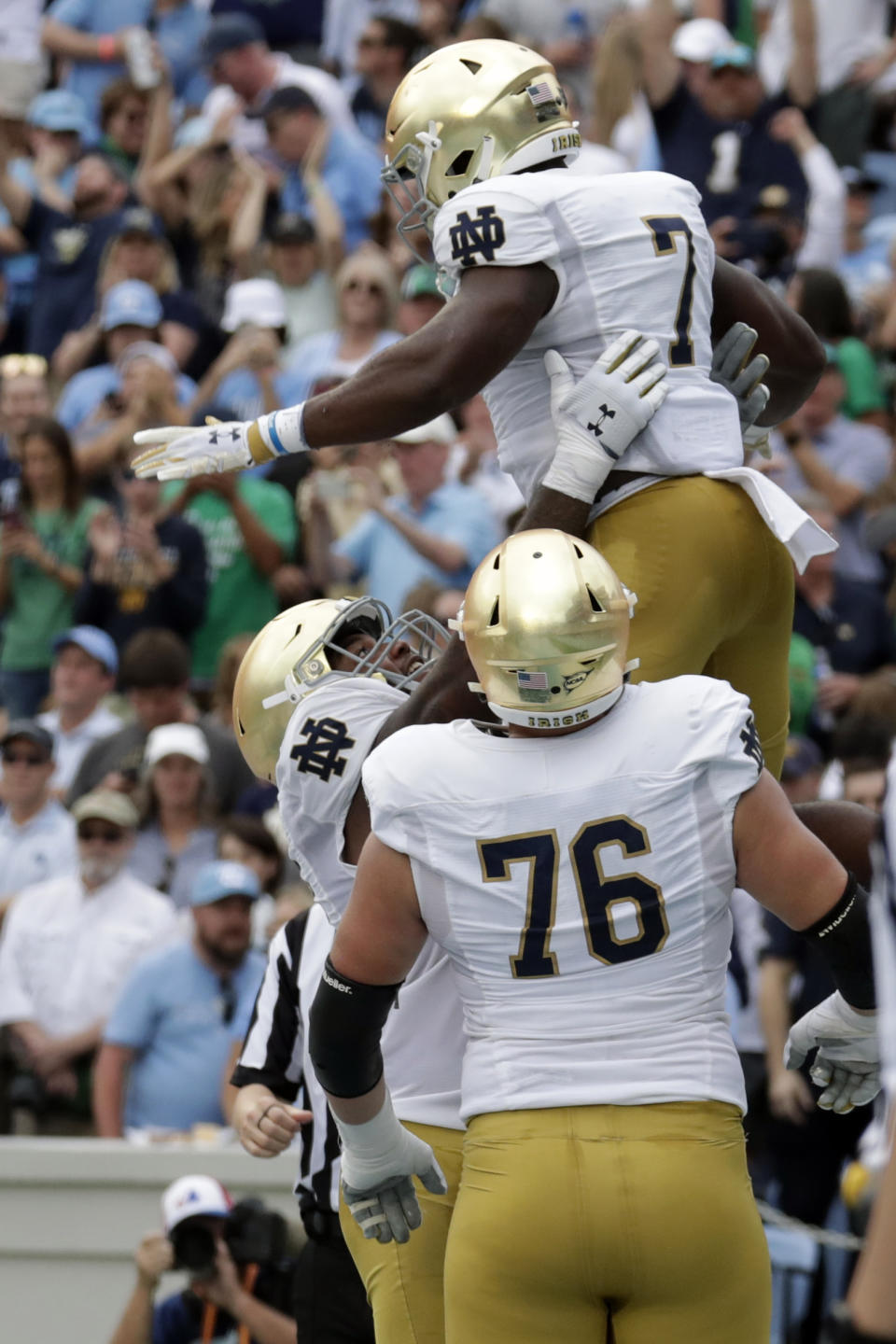 Notre Dame running back Audric Estime (7) celebrates his touchdown with Notre Dame offensive lineman Joe Alt (76) during the first half of an NCAA college football game against North Carolina in Chapel Hill, N.C., Saturday, Sept. 24, 2022 (AP Photo/Chris Seward)