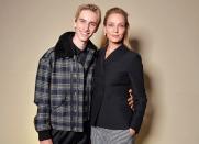 Uma Thurman and her son, Levon Thurman-Hawke, sit front row at the Dior couture show at Haute Couture Fashion Week in Paris on Monday. 