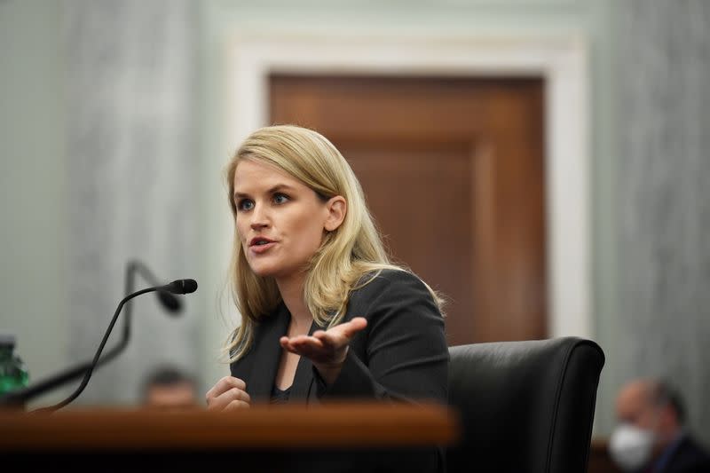 FILE PHOTO: Former Facebook employee and whistleblower Frances Haugen testifies during a hearing entitled 'Protecting Kids Online: Testimony from a Facebook Whistleblower' in Washington