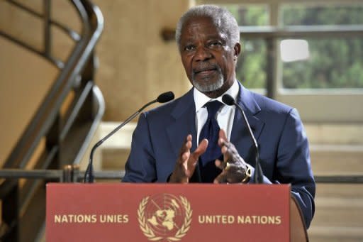 UN-Arab League envoy Kofi Annan speaks to the press in Geneva. Annan said his peace plan could be the last chance to avoid civil war in Syria, where a truce has failed to end 14 months of bloodshed that monitors say has killed nearly 12,000 people