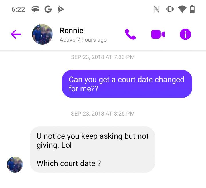 Facebook messages sent Sept. 23, 2018, to Commonwealth's Attorney Ronnie Goldy by a defendant in a criminal case.