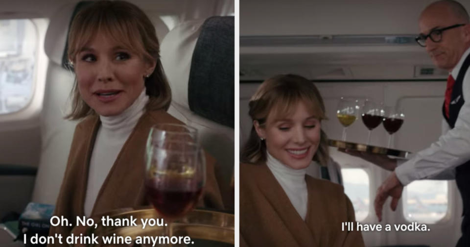 Anna is on an airplane being offered a drink and labeled, "Oh. No, thank you. I don't drink wine anymore. I'll have a vodka."