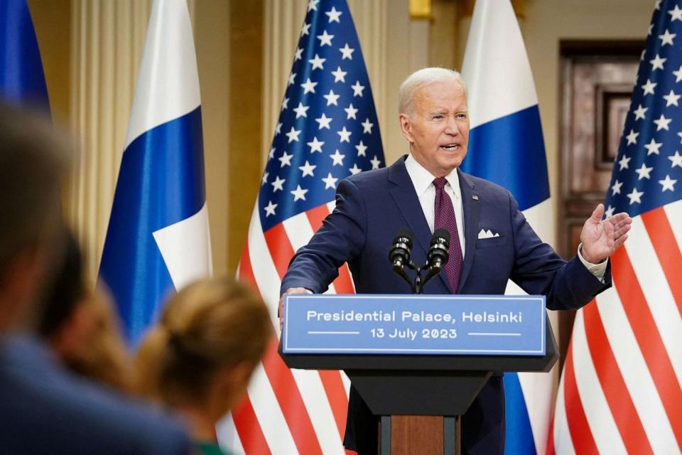 PHOTO: President Joe Biden speaks as he holds a press conference with Finland's President Sauli Niinisto in Helsinki, Finland, July 13, 2023. (Kevin Lamarque/Reuters)