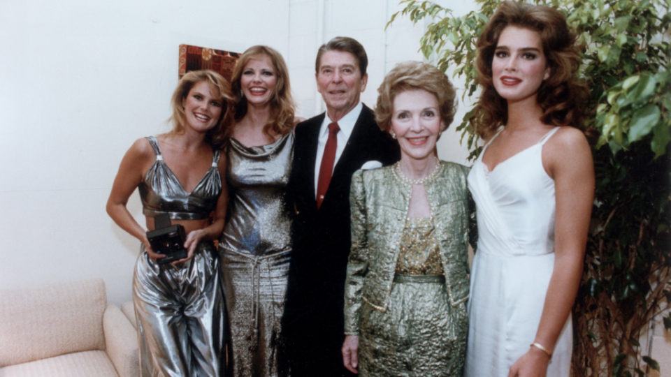 Brooke Shields, right, backstage at the Bob Hope USO show in 1983 with, from left, Christie Brinkley, Cheryl Tiegs, Ronald Reagan and Nancy Reagan