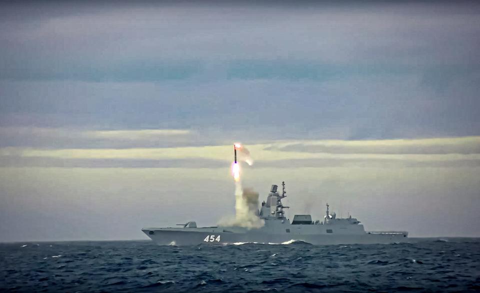 In this image taken from video released by Russian Defense Ministry Press Service on Saturday, May 28, 2022, a new Zircon hypersonic cruise missile is launched by the frigate Admiral Gorshkov of the Russian navy from the Barents Sea.