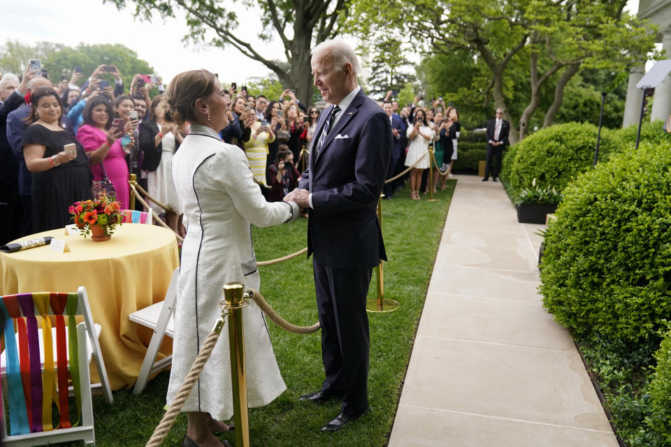 President Joe Biden greets Mexico's first lady Beatriz Gutierrez Muller during a Cinco de Mayo event in the Rose Garden of the White House, Thursday, May 5, 2022, in Washington. (AP Photo/Evan Vucci)