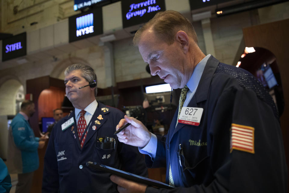 Floor governor Michael Smyth works at the New York Stock Exchange, Wednesday, Sept. 18, 2019. The Federal Reserve is expected to announce its benchmark interest rate later in the day. (AP Photo/Mark Lennihan)