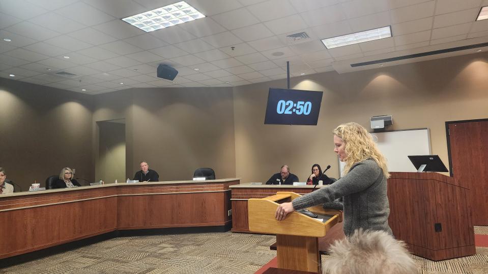 Citizen Lea Davis addresses the Canyon Independent School Board about its open position Monday in Canyon.