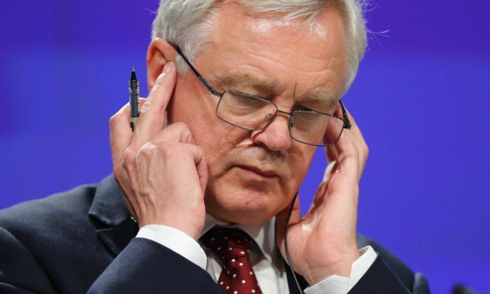 The UK Brexit secretary, David Davis, at a press conference during negotiations in Brussels.