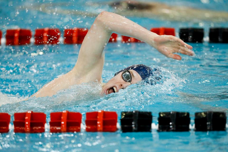 Wellington's Cameron Petitt swims to second place in the 500 free during the Division II state swimming meet Friday at Branin Natatorium in Canton.