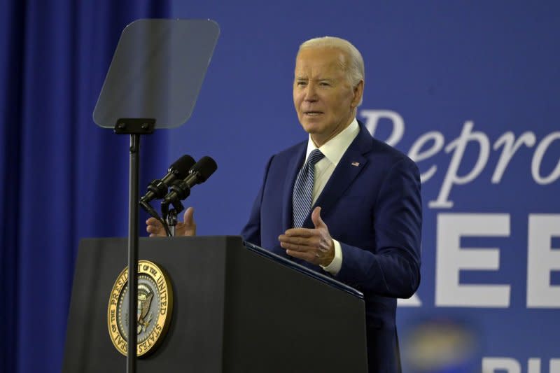 President Joe Biden makes remarks Tuesday about reproductive freedom, and assails a six-week abortion ban set to take effect in the state May 1, during a campaign rally at Hillsborough Community College in Tampa, Florida. Photo by Steve Nesius/UPI