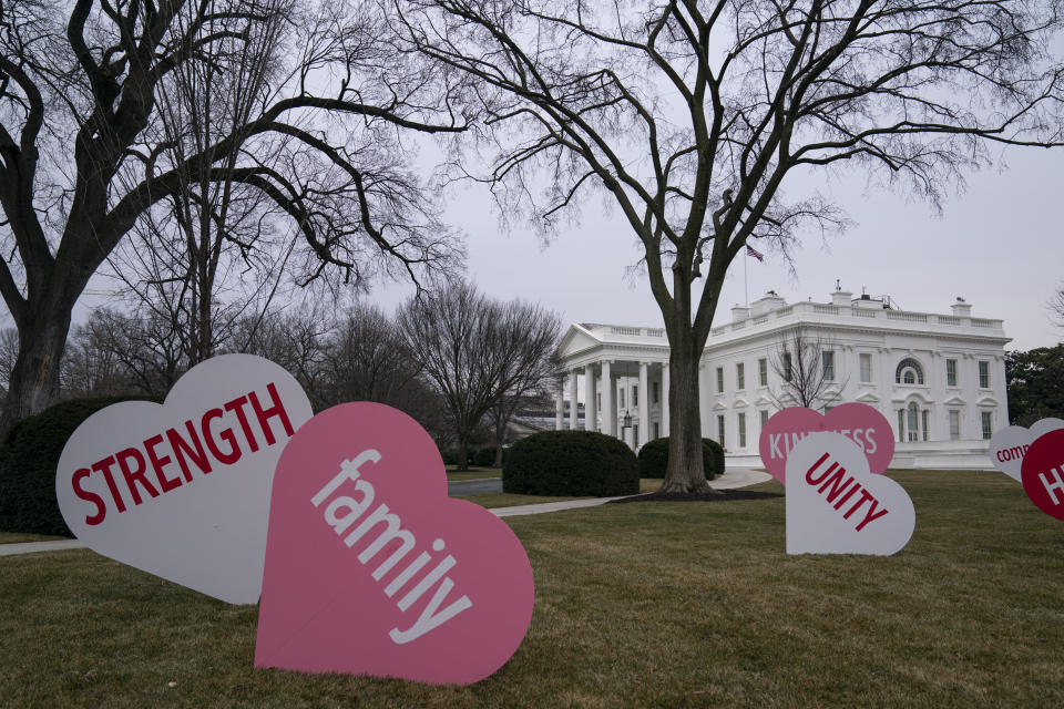 Decorations sit on the North Lawn of the White House, Friday, Feb. 12, 2021, in Washington. (AP Photo/Evan Vucci)