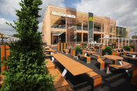 LONDON, ENGLAND - JUNE 25: An exterior view of the world's largest McDonald's restaurant and their flagship outlet in the Olympic Park on June 25, 2012 in London, England. The restaurant, which is one of four McDonald's to be situated within the Olympic Park, will have a staff of 500. After the Olympic and Paralympic Games conclude the restaurant will be dismantled and all fixtures and fittings will be either reused or recycled. (Photo by Oli Scarff/Getty Images)