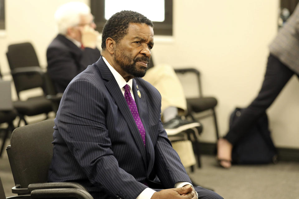 State Rep. Wendell Gillard, D-Charleston, listens as Senate subcommittee debates a hate crimes bill he sponsored in the House, Tuesday, March 28, 2023, in Columbia, S.C. (AP Photo/Jeffrey Collins)