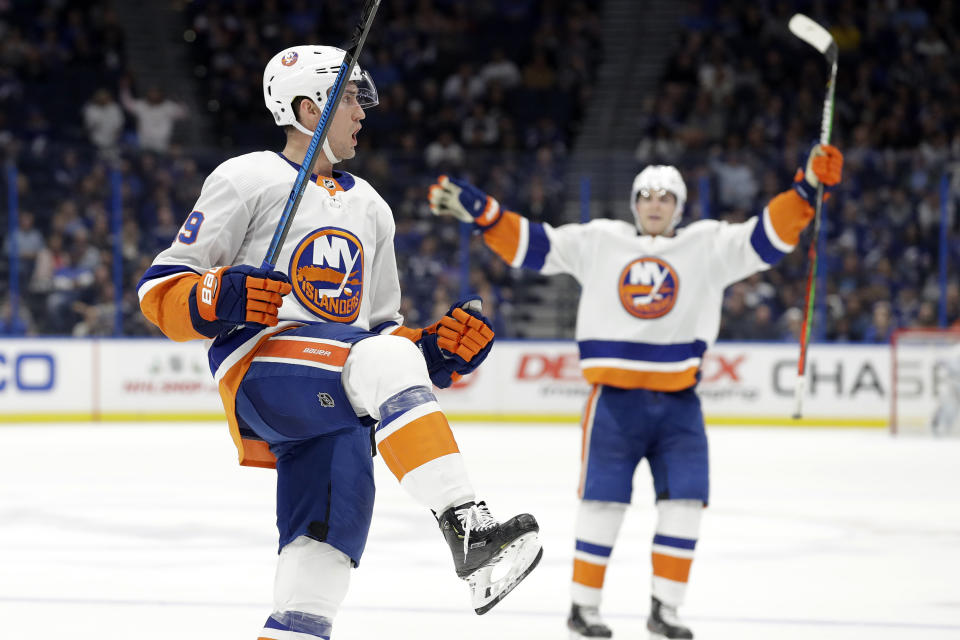 New York Islanders center Brock Nelson (29) celebrates his goal against the Tampa Bay Lightning during the third period of an NHL hockey game Monday, Dec. 9, 2019, in Tampa, Fla. (AP Photo/Chris O'Meara)