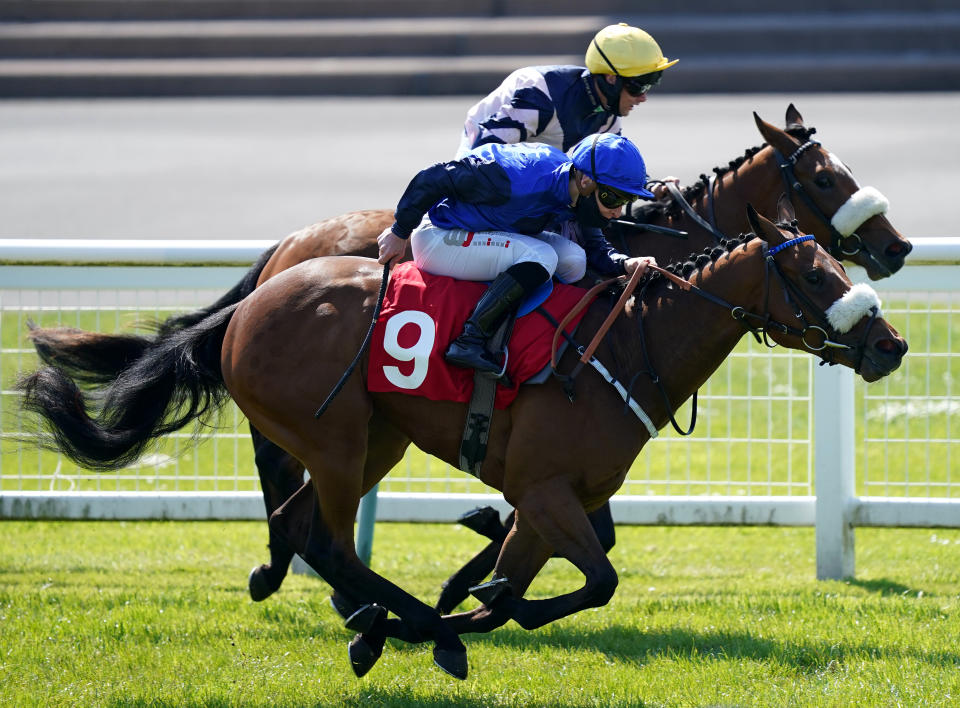 <p>REDCAR, ENGLAND - JUNE 01: Rowan Scott (front) riding El Maga on their way to winning the Longines Irish Champion Weekend EBF Restricted Maiden Fillies' Stakes at Redcar Racecourse on June 1, 2021 in Redcar, England. (Photo by Mike Egerton - Pool/Getty Images)</p>
